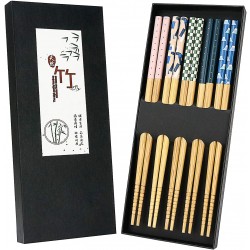 5 Pairs Japanese Natural Bamboo Chopsticks with Unique Print Reusable Chopstick Gift Set for Sushi Rice Noodles Chinese Tableware Washable for Dishwasher 8.85 Inches Length
