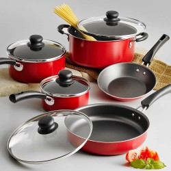 9-Piece Red Simple Cooking Nonstick Stay-Cool Handles Riveted Heat- And Shatter-Resistant Tempered Glass Lids Dishwasher-Safe Cookware Set