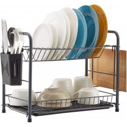 NATUROUS Dish Rack 2 Tier Dish Drying Rack Kitchen Organizer with Drain Board Utensil Holder Cutting Board Holder Gray